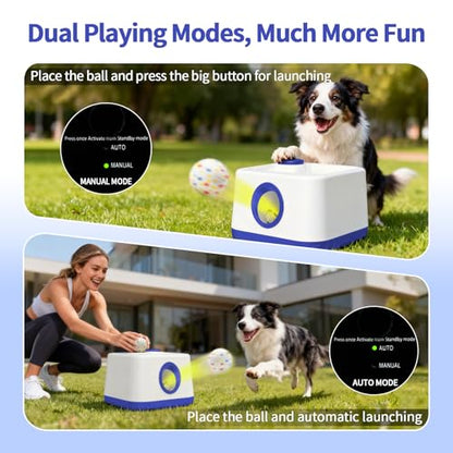 MEKAPLE Automatic Dog Ball Launcher with Barking Function, Auto+Manual Mode Interactive Dog Fetch Toy with 4 Adjustable Distances, Dog Balls Thrower for Small & Medium Dogs, with 4 Durable ETPU Balls - color: White and Blue