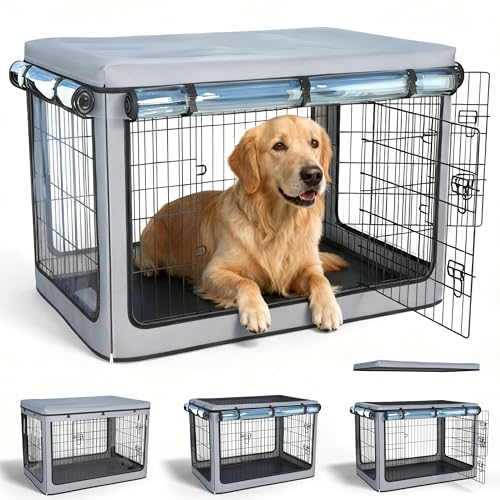 Dog Crate Cover, Heavy Duty Waterproof Abrasion-Resistant and Scratch-Resistant Knife-Scraped Fabric with Breathable Mesh & Detachable Sunshade, Dog Cage Cover Universal Fit for Wire Crates (42-Inch) - size: 42.0"L x 42.0"W x 42.0"H