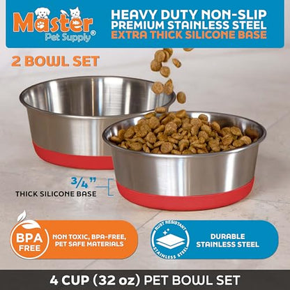 Master Pet Supply Stainless Steel Dog Bowls Set of 2 with Extra Thick Silicone Base - 4 Cup (32 oz) Crimson Red, Non-Slip, Dishwasher Safe Metal Bowls, Pet Dog Food Bowl for Dogs, Cats, Anti Rust - color: Crimson Red, size: 4 Cups (32 oz) 2 Pack