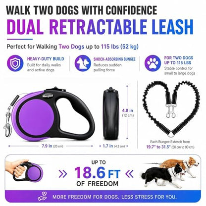 Double Retractable Dog Leash for Two Dogs Up to 50 lbs - 16 ft Coupler Leashes for Small Medium Dogs - One Locked System, Non Slip Grip, Tangle Free (Purple) - color: Purple