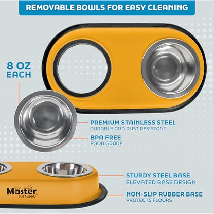 Master Pet Supply Double Dog Bowls Set with Elevated Base and 2 (8 oz) Stainless Steel Removable Dishes (Mango Tango) – Double Cat Food Water Bowl, Dog Puppy Food Bowl Set, Rust Resistant - color: Mango Tango