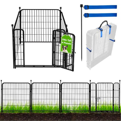 ADAVIN 24 in(H) Garden Fence with Gate, 4 Panels Total 9.8 Ft(L), Heavy Duty Iron Metal Animal Barrier Fence, Camping Fence, No Dig Garden Border Fencing for Yard - size: 4panels-24in(H)×9.8ft(L)