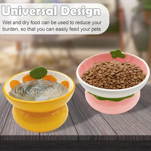 Hamiledyi Ceramic Raised Cat Bowls 15° Tilted Elevated Kitten Food Water Bowl Shallow Whisker Fatigue Kitty Dish Fruit Pet Feeding Bowls Feeder for Indoor Cats Small Dog (Pink Strawberry)