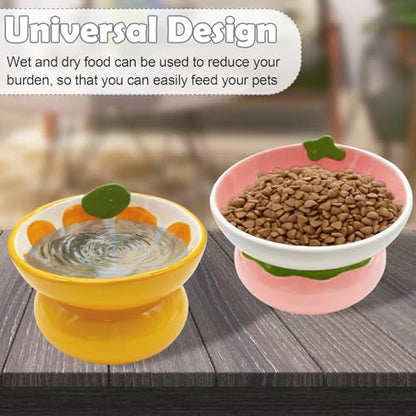 Hamiledyi Ceramic Raised Cat Bowls 15° Tilted Elevated Kitten Food Water Bowl Shallow Whisker Fatigue Kitty Dish Fruit Pet Feeding Bowls Feeder for Indoor Cats Small Dog (Pink Strawberry)