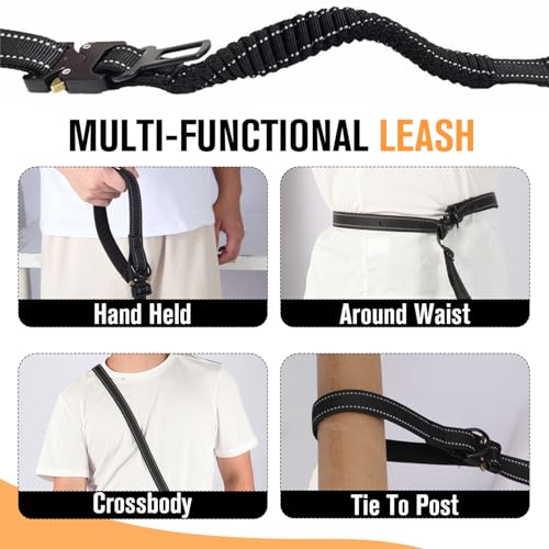 Heavy Duty Hands Free Dog Leash with Car Safety Buckle | Up to 200 lbs | Shock Absorbing Bungee for Walking, Jogging and Running Leash | Reflective Padded Handles, 6.3 to 9.7 FT - color: Black