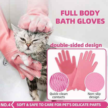 Pet Grooming Kit with Deshedding Brush, Shampoo Dispenser Brush, Bath Gloves & Microfiber Towel - Dog & Cat Bathing Supplies for Shedding Control & Coat Care (Pink)