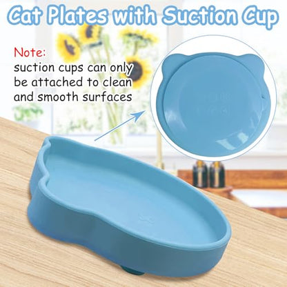 Silicone Cat Food Bowl Suction Cup Cat Dish 7" Shallow Cats Food & Water Bowls Set of 2 Non-Slip Kitty Plates Relief Whisker Fatigue Puppy Feeding Bowl for Dry & Wet Food (Blue) - color: Blue, size: L: 7 inches - with Suction Cup