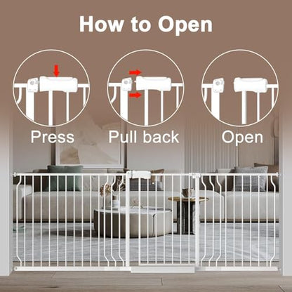 WAOWAO Baby Gate 110-134cm(43.3-53인치) 엑스트라 와이드 압력 장착 워크 스루 스윙 자동 닫힘 안전 화이트 메탈 유아 어린이 개 애완동물 강아지 계단, 출입구, 주방용 - color: 화이트., size: 43.3-52.75"/110-134cm