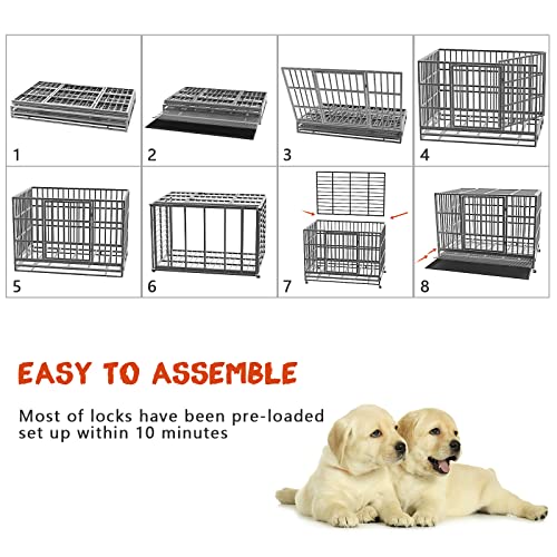 LEMBERI 48 Inch Heavy Duty Indestructible Dog Crate, 500lbs Capacity Escape Proof Double Door Kennel with Lockable Wheels, 36" Tall XL Dog Cage with 0.8" Steel Tubes, Removable Tray, Silver - color: Silver, size: 47.2"L x 30.7"W x 36"H
