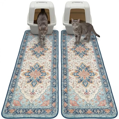 Hompet Cat Litter Mat 2 Pack, 18x54 Large Machine Washable Trapping Mats for Cats, Super Absorbent & Urine-Proof Cat Litter Box Mat for Floor, Waterproof & Non Slip Kitty Litter Rug - color: Cream Moroccan Trellis, size: 18x54 Inch (Pack of 2)