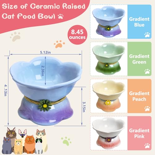 Kathson 4 Pcs Ceramic Raised Cat Food Bowls Elevated Kitty Bowl for Food and Water Anti Vomiting Tilted Cat Bowl for Kittens and Small Dogs Dishwasher and Microwave Safe (8.45 Ounces) - size: Blue,Green,Peach,Pink