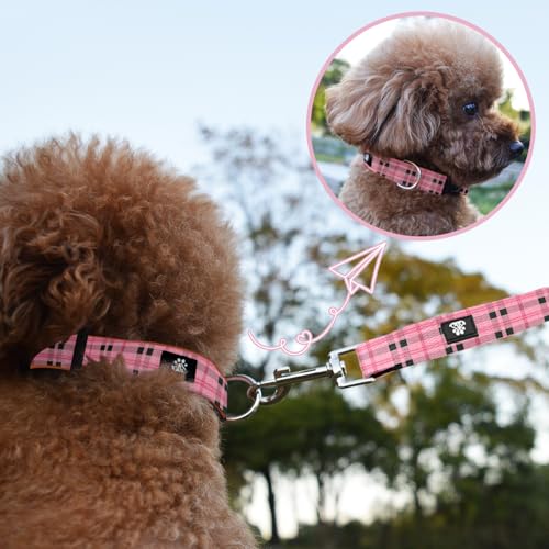 NESTROAD Dog Collar and Leash Set,Soft Neoprene Pet Collar with Quick Release Buckle,Adjustable Nylon Dog Collars for Small Medium Large Dogs(Small,Cherecked Pink) - color: Checkered Pink, size: Small