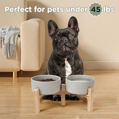 SPUNKYJUNKY Elevated Dog Bowls Ceramic, 6.1'' Dogs and Cat Food Water Bowls Raised with Non-Slip Bamboo Stand for Medium Sized Breed Microwave Dishwasher Safe - 28.7 OZ,Grey - color: Grey, size: 6.1 in - 3.6 cups
