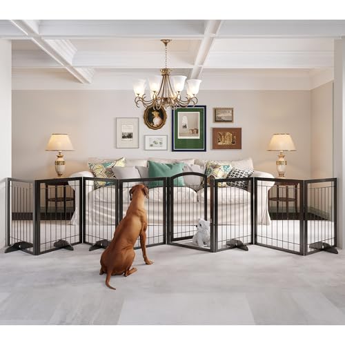 JSB 192-inch Extra Wide 30-inch Tall Dog gate with Door Walk Through,Full Matel Freestanding Pet Gate for Halls, Stairs & Home, Pet Puppy Safety Dog Fence with 4PCS Support Feet (Black) - color: Black, size: 192 x 30 inches