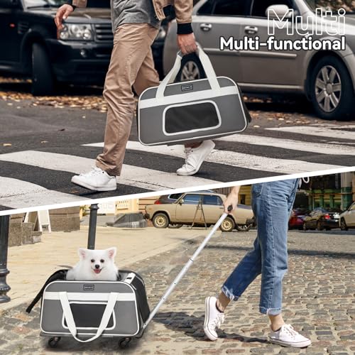 PETSFIT Airline Approved Cat Carrier with Wheels Designed for Small Dogs/Cats with Adjustable Safety Rope & Removable Wheels - color: Gray, size: 20.1"L x 12.2"W x 14.2"H