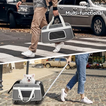 PETSFIT Airline Approved Cat Carrier with Wheels Designed for Small Dogs/Cats with Adjustable Safety Rope & Removable Wheels - color: Gray, size: 20.1"L x 12.2"W x 14.2"H