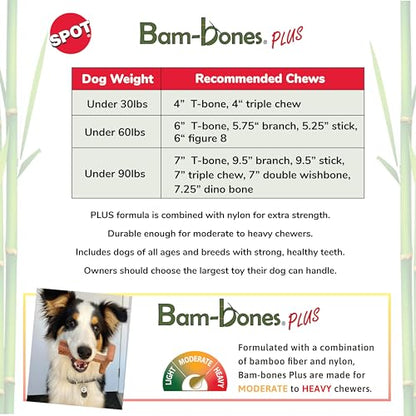 SPOT Bam-Bones Plus Triple Chew - Bamboo Fiber & Nylon, Durable Long Lasting Dog Toy for Aggressive Chewers – Great for Adult Dogs & Teething Puppies Under 30lbs, Non-Splintering, 4in, Bison Flavor - size: 4 in (2-Pack)