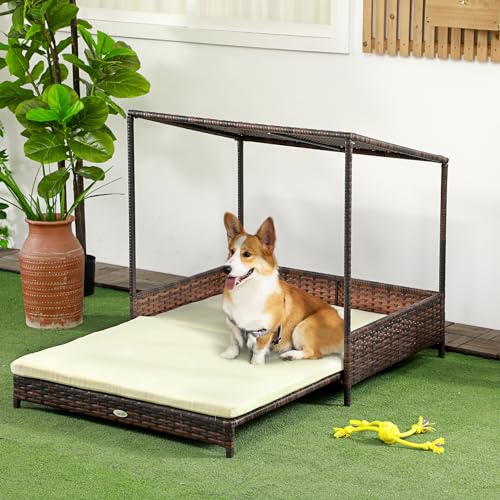 PawHut Wicker Dog House Outdoor with Canopy, Rattan Dog Bed with Removable Cushion, Raised Dog Bed, Cat Shelter, Patio Pet Sofa for Medium Sized Pet Mixed-Brown