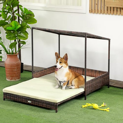 PawHut Wicker Dog House Outdoor with Canopy, Rattan Dog Bed with Removable Cushion, Raised Dog Bed, Cat Shelter, Patio Pet Sofa for Medium Sized Pet Mixed-Brown