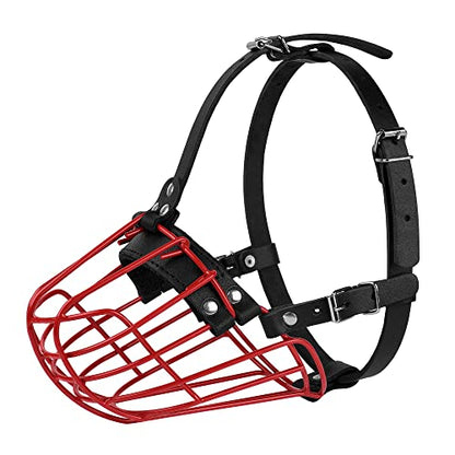Pitbull Dog Muzzle Metal Mask Amstaff Secure Wire Basket Adjustable Durable Leather Straps for Large Dogs (Red) - color: Red
