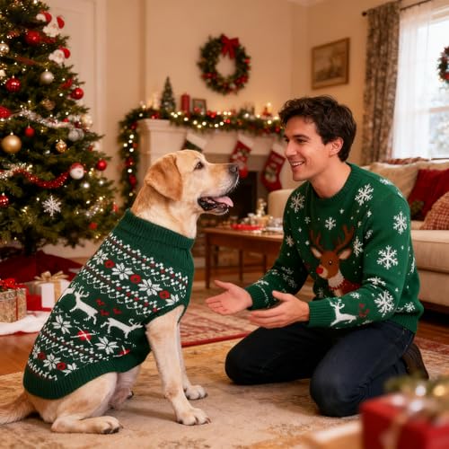KOOLTAIL Christmas Dog Sweater, Cold Weather Pullover Classic Knitwear, Reindeer Snowflake Pattern Thick Warm Winter Pet Clothes, Cable Knit Sweaters for Small Medium Large Dogs Boy Girl, Green L - color: Green, size: Large