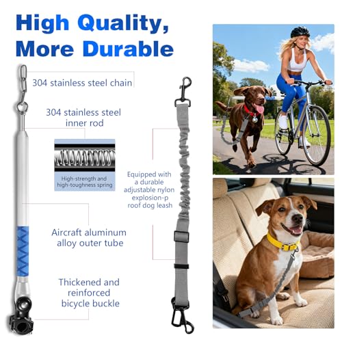 Bicycle Dog Leash for Riding, Hands Free 150° Rotating Built-in Shock Absorber Bike Retractable Leashes for Cycling, Elastic Nylon Adjusted Car Holder Seat Belt Rope (Silver) - color: Silver