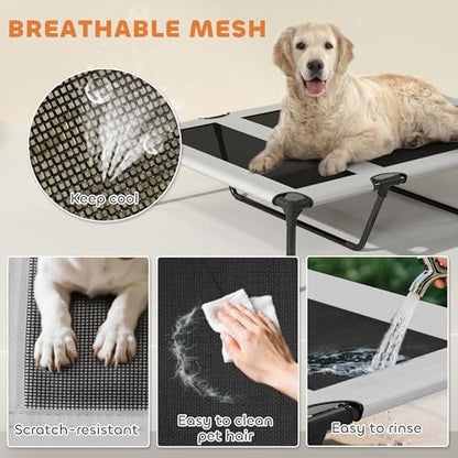 PawHut Elevated Dog Bed with Cooling Pad, Raised Outdoor Pet Bed with Removable Canopy, Breathable Mesh, Storage Bag, Portable Pet Cot for Indoor Outdoor Large Dogs, 42" x 30" x 37", Light Gray - size: 3.5' L x 2.5' W x 3.1' H