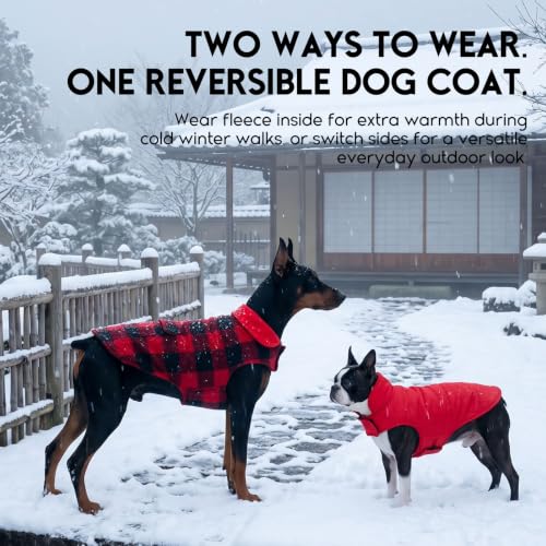 ASENKU Dog Winter Coat, Fleece Doggie Jacket Plaid Reversible Vest Waterproof Windproof Cold Weather Clothes for Small Medium Large Dogs(Red S) - color: Red, size: Small