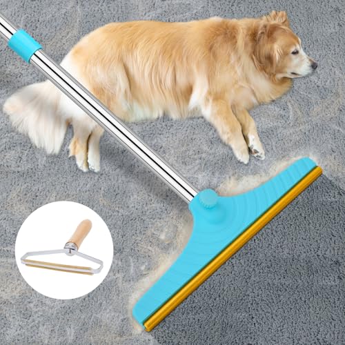 Carpet Rake for Pet Hair Removal - Reusable Pet Hair Remover, 60” Adjustable Long Handle Cat Dog Carpet Rake Scraper with Patented Design, Dog Hair Rake Brush for Rugs, Mats - color: Blue, size: 60‘’