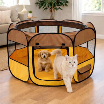 Pet Life All-Terrain Lightweight Wire-Framed Folding Collapsible Pet Playpen, Travel Cat and Dog Playpen, Features Breathable Mesh and Zippered Entrances with Carrying case - color: Brown