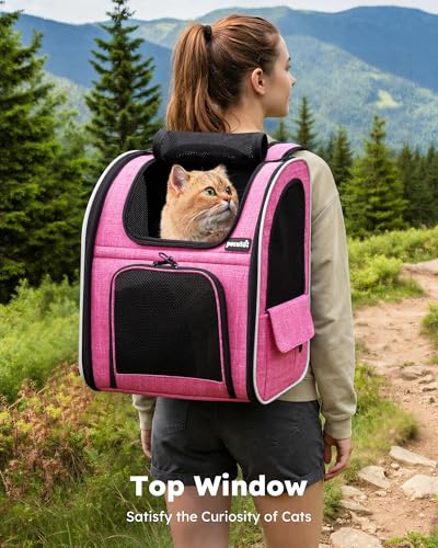 pecute Cat Backpack Extendable, Cat Carrier Backpack with Breathable Window - color: Pink, size: 12.6"L x 10.2"W x 16.5"H