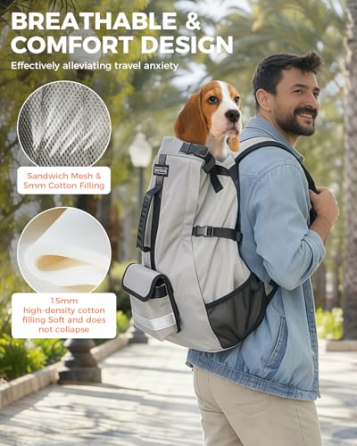 Waterproof Dog Backpack Carrier for Medium Dogs Under 30 lb, Grey | 4-Layer Protection, Adjustable Dog Hiking Backpack with Storage Pockets, Reflective Strips, Non-Slip Handle for Travel - size: 13.3"L x 9.4"W x 24.4"H