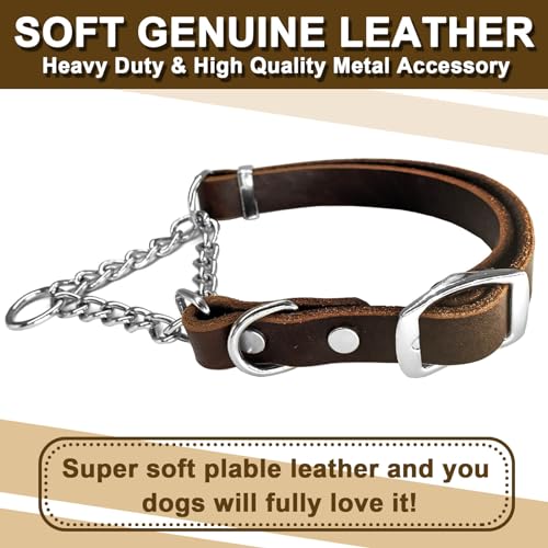 Leather Martingale Dog Collar, Soft Genuine Cowhide Handmade Assembled Stainless Steel Chain Martingale Collar Adjustable for Medium Large Dogs Pets. (M, Neck 19-24"(Martingale)) - size: M, Neck 19-24"(Martingale)