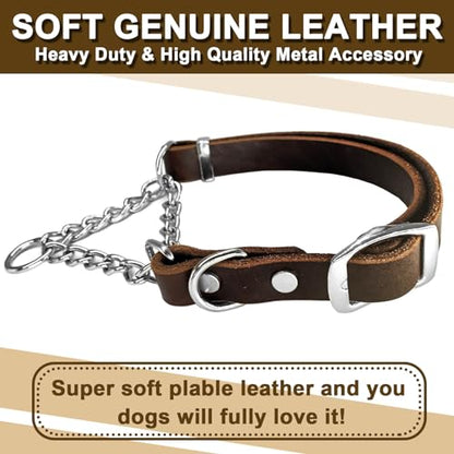 Leather Martingale Dog Collar, Soft Genuine Cowhide Handmade Assembled Stainless Steel Chain Martingale Collar Adjustable for Medium Large Dogs Pets. (M, Neck 19-24"(Martingale)) - size: M, Neck 19-24"(Martingale)