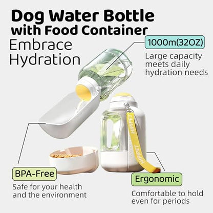 Dog Water Bottle with Food Container, 32oz Leak-Proof 3-in-1 Portable Dog Travel Water Bottle with 10oz Food Storage, Twist Dispensing Pet Water Dispenser for Walking Hiking Camping, White