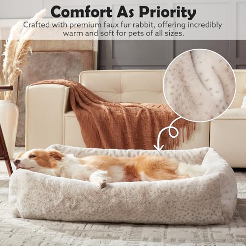 JOEJOY XL Dog Beds Large Sized Dog, Removable Washable Cover Orthopedic Soft Faux Rabbit Fur Pet Bed, Anti-Slip Fluffy Plush Faux Rabbit Fur Puppy Bed, 42"x36"x9", Leopard Print, Beige - color: Beige, size: XL (42"x36"x9")