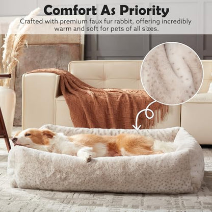 JOEJOY XL Dog Beds Large Sized Dog, Removable Washable Cover Orthopedic Soft Faux Rabbit Fur Pet Bed, Anti-Slip Fluffy Plush Faux Rabbit Fur Puppy Bed, 42"x36"x9", Leopard Print, Beige - color: Beige, size: XL (42"x36"x9")