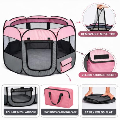 Pet Life All-Terrain Lightweight Wire-Framed Folding Collapsible Pet Playpen, Travel Cat and Dog Playpen, Features Breathable Mesh and Zippered Entrances with Carrying case - color: Pink