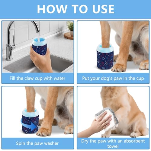 Stars Dots Blue Pattern Dog Paw Cleaner Cup with Soft Silicone Brush, Small Lightweight Portable Muddy Paw Washer for Dogs, Easy to Use Pet Foot Cleaner