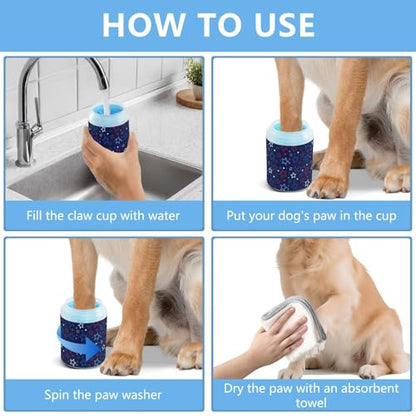 Stars Dots Blue Pattern Dog Paw Cleaner Cup with Soft Silicone Brush, Small Lightweight Portable Muddy Paw Washer for Dogs, Easy to Use Pet Foot Cleaner
