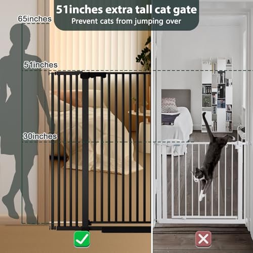 51'' Extra Tall Cat Gate Barrier for Doorways Hallways, Pressure Mounted Pet Dog Gates No Drilling Auto Close, Cat Fence Indoor Climb Proof 30-32.6'' Wide (Black) - size: 30''-32.6''Wide
