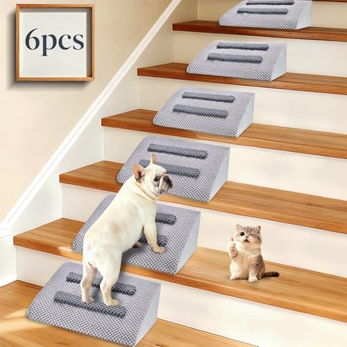 Dog Ramp for Stairs with Anti-Slip Bump for Small & Senior Dogs and Cats – Stair Wedges for Dogs with Gentle Slope, Pet Ramp with Washable Cover & Self-Sticky Pads for Safe Climbing (Gray, 6 Pack) - size: Gray 6-Pack