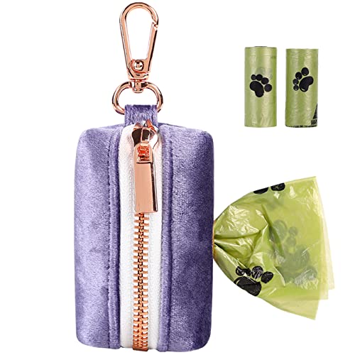 ARING PET Dog Waste Bag Dispenser, Velvet Doggy Poop Bags Holders Attach to Any Leashes, Purple Portable Washable Pet Waste Pouch Dispenser with Metal Zipper - color: A:Purple