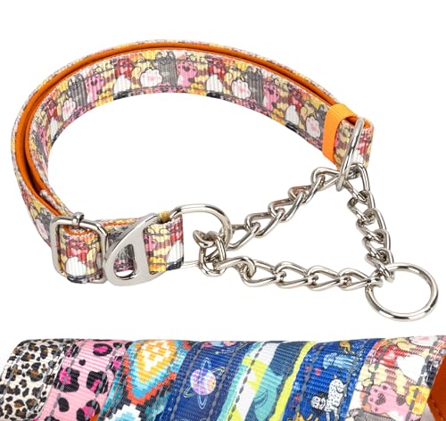 No-Pull Martingale Dog Collar with Chain - Adjustable Anti Pull Training Collar, Safe Choker Control Limited Slip Walking Training Dog Collars （Cute Dog Paw Print Large） - color: 12, size: L(Neck15"-22")