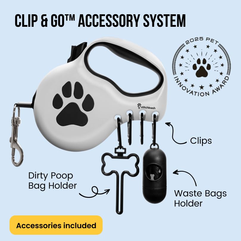 Award-Winning Retractable Dog Leash for Large and Extra Large Dogs (Max 110 lbs) Clip & Go System, Reflective Tape and Ergonomic Handle Includes Clips Poop Bag Holder and Dispenser, White - color: White, size: L/XL - Up to 110 Lbs