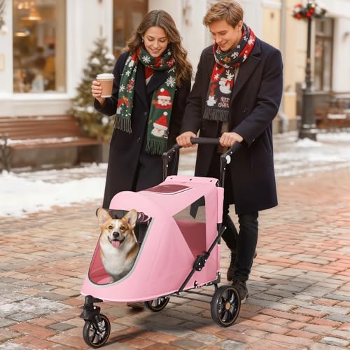 Magshion Pet Stroller for Medium Dogs w/Adjustable Handle, 3-Wheel Dog Cat Wagon w/Dual Entry, Rear Storage, Breathable Mesh, One-Foot Brake, Ideal for Large Pets up to 55 lbs, Pink - color: Pink, style: Up to 55 lbs