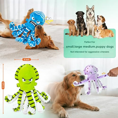 Fuufome Octopus Dog Chew Toys, 3 Pack No Stuffing Squeaky Interactive Crinkle Plush Toy for Puppy Small Medium Large Dogs, Toss & Fetch, Keep Dogs Busy