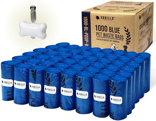 GORILLA SUPPLY 1000 Dog Poop Waste Bags with Dispenser and Leash Tie, 9" x 13", Blue, 1000 Count - color: Blue