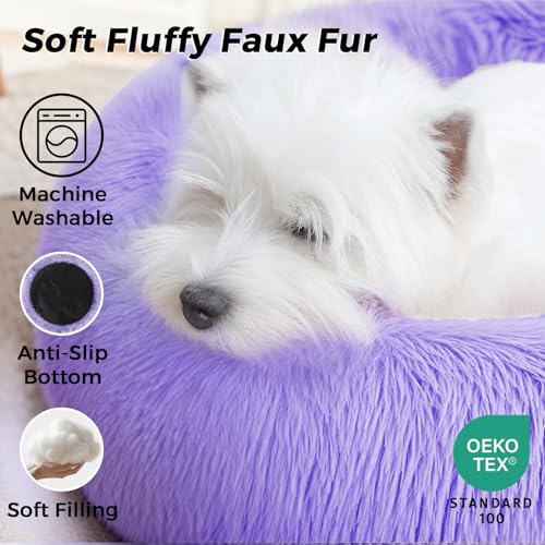 Calming Round Dog Bed & Cat Bed with Anti-Slip Bottom, Medium Size Washable Anti-Anxiety Donut Dog Beds for Small Dogs & Cats, Fluffy Plush Soft Dog Bed(24 Inch, Purple) - color: Purple, size: 24"l x 24"w x 8"th