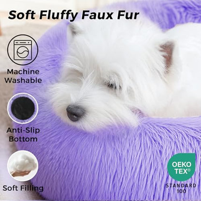 Calming Round Dog Bed & Cat Bed with Anti-Slip Bottom, Medium Size Washable Anti-Anxiety Donut Dog Beds for Small Dogs & Cats, Fluffy Plush Soft Dog Bed(24 Inch, Purple) - color: Purple, size: 24"l x 24"w x 8"th